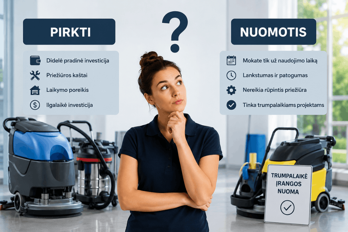 Nuomotis ar pirkti valymo techniką: kada apsimoka rinktis trumpalaikę įrangos nuomą? 